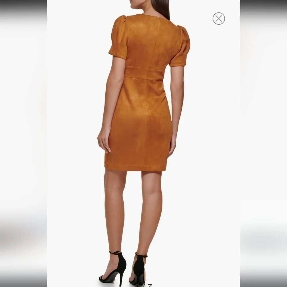 DKNY V-Neck Puff Sleeve Faux Suede Sheath Dress in pecan size 4